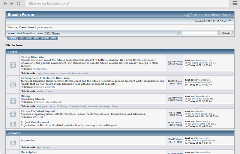 Screenshot of the Bitcointalk forum showing early discussions from the Bitcoin community.